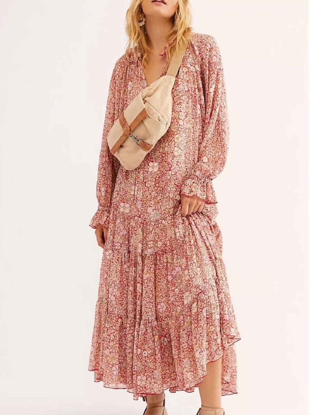 Free People Feeling Groovy Maxi Dress L Red Floral Boho Tiered Ruffle